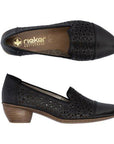 Top and side view of Women's Rieker 43754 heeled shoe showing cushioned insole and perforated leather upper for breathable, lightweight wear.