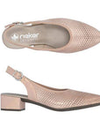 Top and side view of Rieker 47066 women's sling-back heeled leather sandals showing cushioned insole and breathable perforated design.