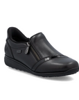 Black slip-on shoe with a zipper and accent patent accross toe with detail stitching.