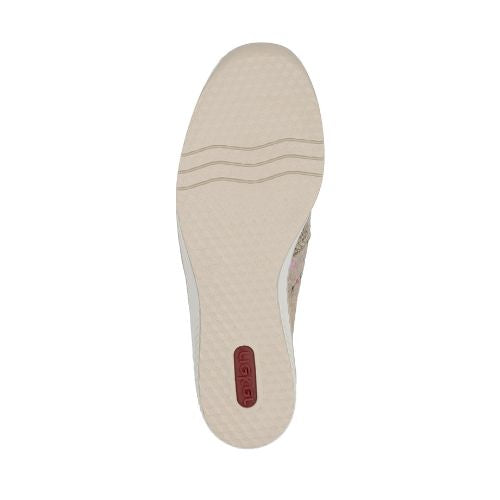 Outsole view of Women's Rieker 48761 Slip-On Shoe featuring textured grip and lightweight shock-absorbing sole for all-day comfort.