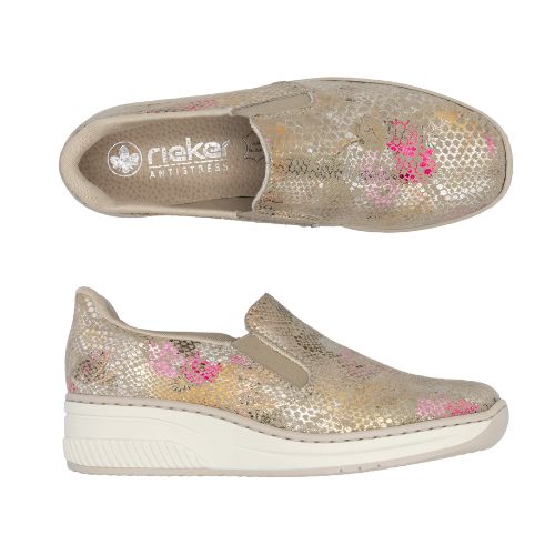 Top and side views of Women's Rieker 48761 Slip-On Shoe showing floral pattern and cushioned wedge sole for casual summer wear.