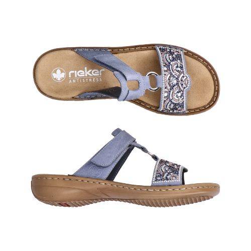 Top and side views of blue Women's Rieker 608K2 Slide Sandal showing cushioned footbed and flexible sole for all-day wear.
