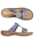 Top and side views of blue Women's Rieker 608K2 Slide Sandal showing cushioned footbed and flexible sole for all-day wear.