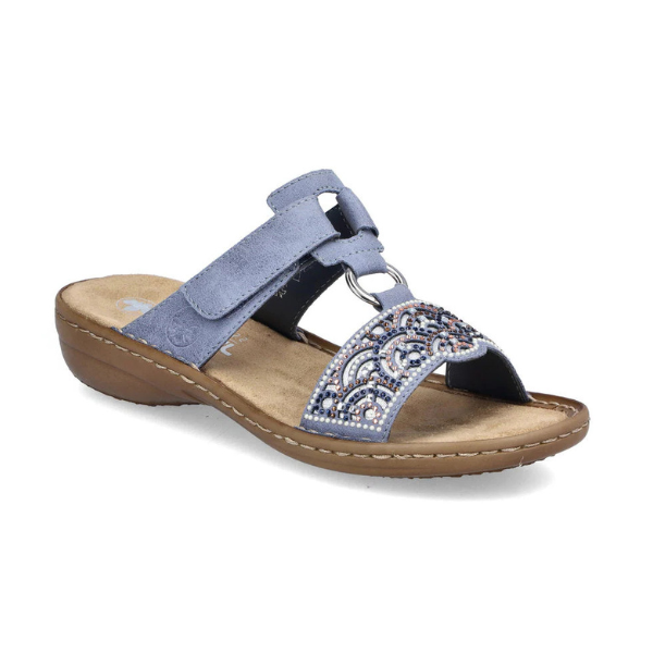 Women's Rieker 608K2 Slide Sandal in blue with beaded detailing, lightweight sole, and open-toe design for summer comfort and style.