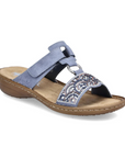 Women's Rieker 608K2 Slide Sandal in blue with beaded detailing, lightweight sole, and open-toe design for summer comfort and style.