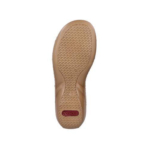 Bottom view of beige Women's Rieker 608K2 Slide Sandal with textured sole and Rieker logo for slip-resistant support.