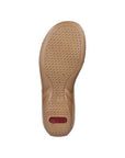 Bottom view of beige Women's Rieker 608K2 Slide Sandal with textured sole and Rieker logo for slip-resistant support.