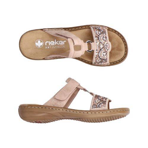 Top and side views of beige Women's Rieker 608K2 Slide Sandal, showing flexible sole and stylish upper for casual comfort.