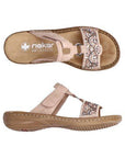 Top and side views of beige Women's Rieker 608K2 Slide Sandal, showing flexible sole and stylish upper for casual comfort.
