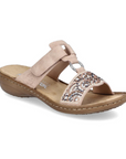Women's Rieker 608K2 Slide Sandal in beige with decorative beading and cushioned footbed, ideal for lightweight summer wear.