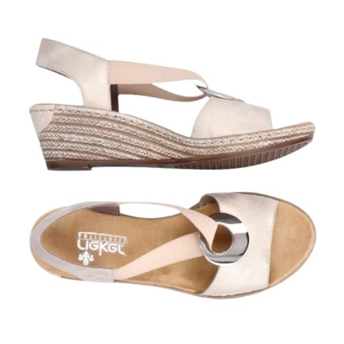 Top and side views of beige Rieker 624H6 Sling-Back Wedge Sandal. Flexible wedge heel and cushioned footbed for comfort.