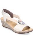 Women's Rieker 624H6 Sling-Back Wedge Sandal in beige with metallic ring and elastic strap. Lightweight and breathable for summer.