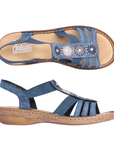 Pair of Blue gladiator inspired sandals with circle beaded embellishments down vamp, Rieker logo'd footbed and tan outsole.