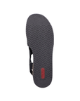 Black wave treaded pattern outsole with red Rieker logo on heel.