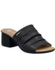 Women's Rieker 64687 Slide Heel in black with pleated leather upper and block heel, offering comfort and style for casual wear.