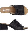 Top and side view of Women's Rieker 64687 Slide Heel showcasing cushioned insole and sleek black leather design for stylish comfort.