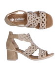 Pair of Beige sandals with caged design covered in rhinestones, closed back, open toe, tan Rieker logo'd footbed and block heel.