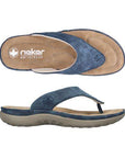 Pair of blue toe post suede sandals with Rieker logo on side, beige footbed, blue midsole and grey outsole