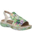 Green floral backstrap sandal with beige accents, tan Reiker logo'd footbed and floral midsole.