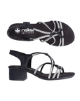 Pair of Black sandal with sparkly criss-crossing straps, Black Rieker logo'd footbed and black block heel.