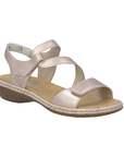 Gold leather sandal with looping Velcro straps, tan Rieker logo'd footbed and brown outsole.