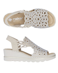 Pair of Beige caged backstrap sandals with rhinestone details, tan Rieker logo'd footbed and a wedge heel.
