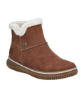 Women's Rieker 74260 ankle boot in brown with faux fur lining and waterproof membrane, ideal for lightweight winter wear.