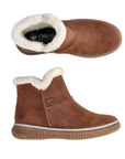Side and top views of the Rieker 74260 women's ankle boot showcasing warm lining, flexible sole, and winter-ready design.