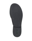 Black light treaded outsole of sandal with green Remonte logo stamped in heel.