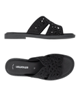 Pair of Black slide sandals with perforations through rhinestone covered straps, black Remonte logo'd footbed and black flat outsole.