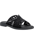 Black slide sandal with perforations through rhinestone covered straps, black Remonte logo'd footbed and black flat outsole.