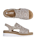 Pair of Beige sandals with rhinestone embellishments, Rieker logo'd footbed and platform white wedge.