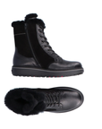 Pair of Black suede and smooth leather mid calf boots with fur lining and cuff, laces, and inside zipper.