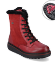 Red suede and smooth leather mid calf boot with fur lining and cuff, laces, and icon for collapsible cleats.