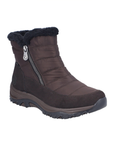 Brown nylon ankle boot with fur trim, silver side zipper, detail stitch pattern and treaded outsole.