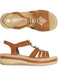 Pair of Brown leather platform sandals with an espadrille-style faux-cork midsole with decorative geometric beadwork on the vamp and a tan Rieker logo'd footbed.