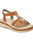 Brown leather platform sandal with an espadrille-style faux-cork midsole with decorative geometric beadwork on the vamp and a tan Rieker logo'd footbed.