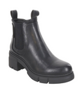 Black low heeled Chelsea boot with pull tabs and elastic side panels.