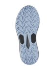 Light blue deep treaded outsole of sneaker with black extra grip sections in middle and Saucony logo stamped in.