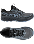 Pair of Saucony trail running shoes in dark grey and black with light blue accents, grey thick midsole and light blue outsole.