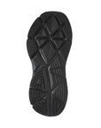 Black geometric patterned tread outsole of sneaker.