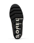 Black lugged outsole with white Sorel logo across heel.