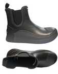 Pair of Black rubber Chelsea boots with black pull tab, black Sorel logo'd footbed and black side elastic panels.