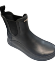 Black rubber Chelsea boot with black pull tab and black side elastic panels.