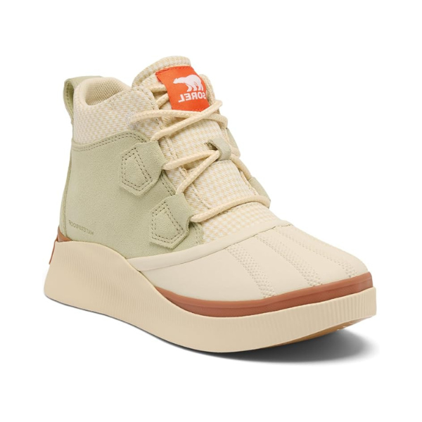Women's Sorel Out N About IV Classic waterproof suede boot in beige with tan sole and orange logo, perfect for wet fall days.