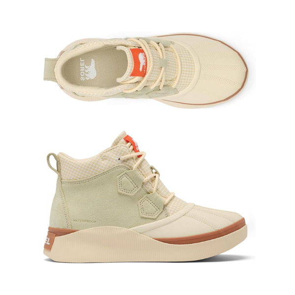 Top and side views of beige Sorel Out N About IV Classic waterproof boots for women, designed with lace-up closure and rubber toe.