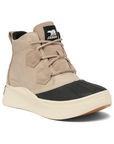 Women's Sorel Out N About IV Classic waterproof suede boot in taupe with black rubber toe and cream sole, built for wet conditions.