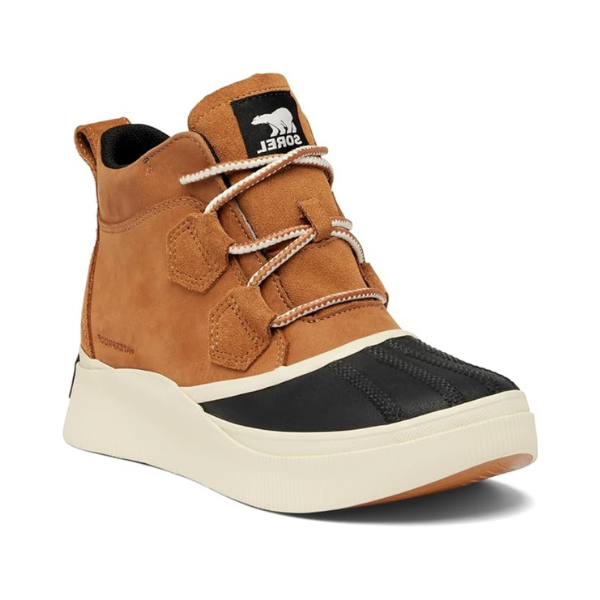 Women's Sorel Out N About IV Classic waterproof suede boot in brown with black rubber toe and white outsole.