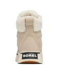 Heel of ankle duck boot with white cuff, heel pull tab, accent stitchign and Sorel logo on midsole above tan outsole.