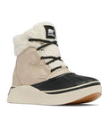 Ankle duck Boot in taupe with white fur cuffs and black laces.